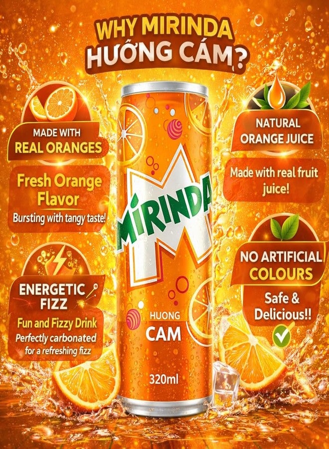 Pepsi Mirinda Huong Cam Orange Flavoured Carbonated Soft Drink (Pack of 6) 320ml Can By COUGAR, Refreshing Fizzy Citrus Soda, Sweet & Tangy Sparkling Beverage, Ready to Serve Chilled, Single Serve Drink for Parties, Picnics & Everyday Refreshment - (Imported-VIET) - Image 3