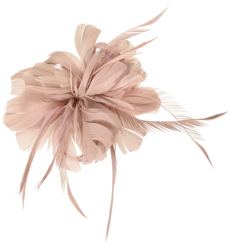 ZX Women Feather Flower Fascinator Hat with Hair Clip Brooch for Cocktail Wedding Bnude Pink One Size