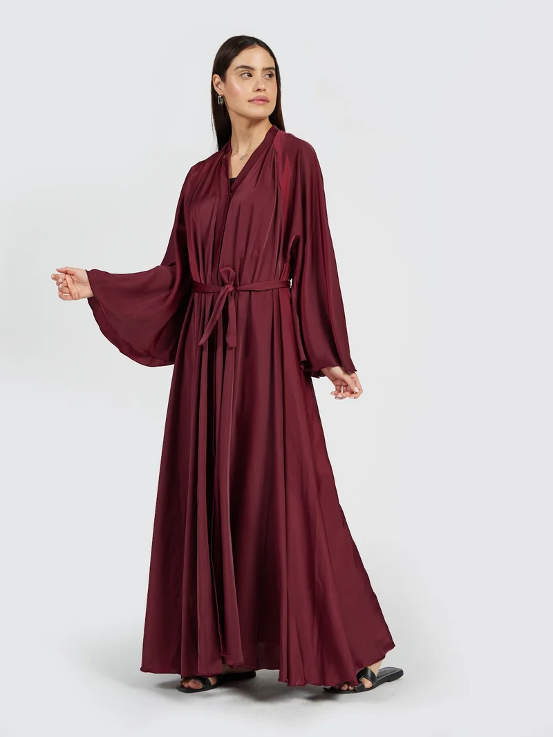 Reem Abayas Luxury Maroon Satin Silk Wrap Abaya