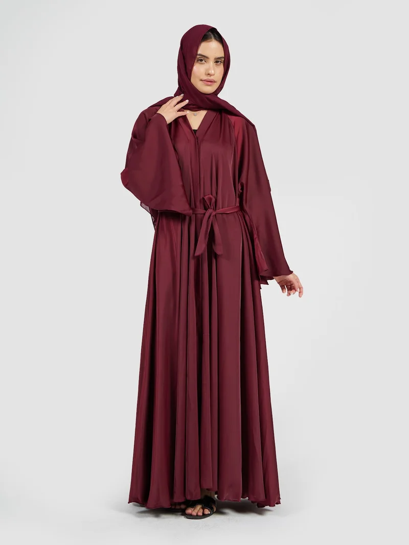 Reem Abayas Luxury Maroon Satin Silk Wrap Abaya