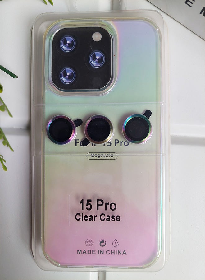 iPhone 15 Pro Acrylic Rainbow Reflection Shockproof Case with Separate Metal Camera Lens Protection – Multi-Color