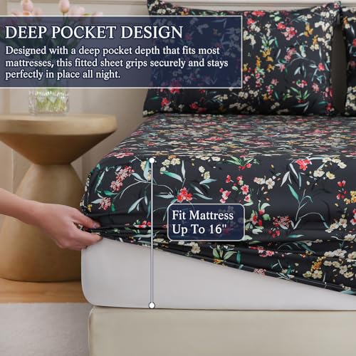 CIMVI Vintage Floral Sheet Set Queen Size 4 Pieces Flower Sheets Soft Breathable Microfiber Bed Sets Non-Slip Extra 15-inch Deep Pocket Fitted Sheets and Pillowcase for Woman Adults Decor Bedroom - Image 4