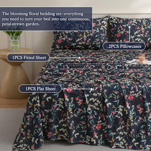CIMVI Vintage Floral Sheet Set Queen Size 4 Pieces Flower Sheets Soft Breathable Microfiber Bed Sets Non-Slip Extra 15-inch Deep Pocket Fitted Sheets and Pillowcase for Woman Adults Decor Bedroom - Image 2