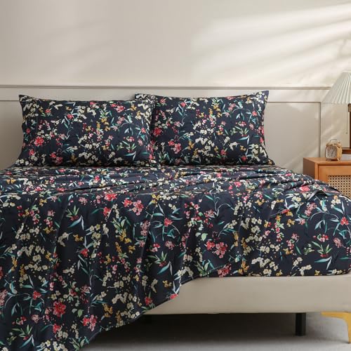CIMVI Vintage Floral Sheet Set Queen Size 4 Pieces Flower Sheets Soft Breathable Microfiber Bed Sets Non-Slip Extra 15-inch Deep Pocket Fitted Sheets and Pillowcase for Woman Adults Decor Bedroom - Image 1
