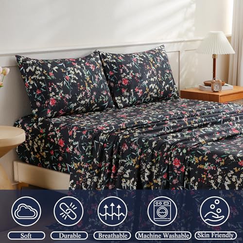 CIMVI Vintage Floral Sheet Set Queen Size 4 Pieces Flower Sheets Soft Breathable Microfiber Bed Sets Non-Slip Extra 15-inch Deep Pocket Fitted Sheets and Pillowcase for Woman Adults Decor Bedroom - Image 3