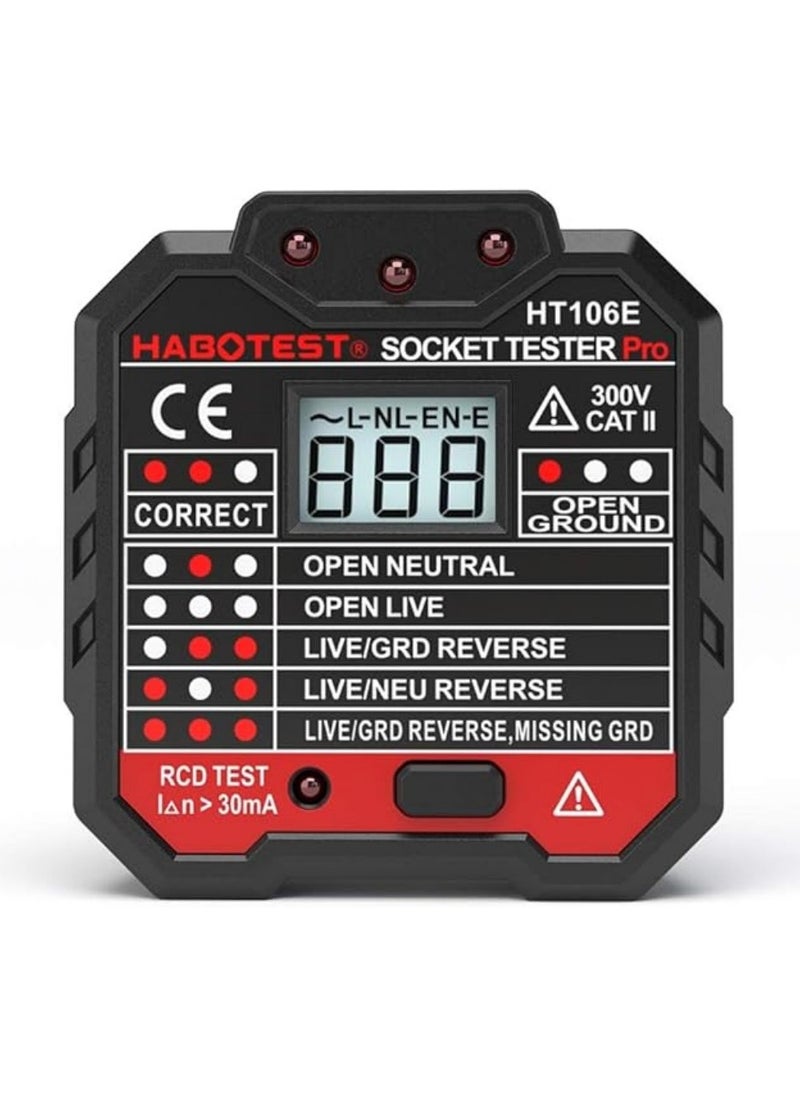 HABOTEST - جهاز اختبار المقبس الكهربائي المتقدم RCD، جهاز اختبار سلك الأرض الحي الحيادي الأوتوماتيكي، جهاز اختبار الدائرة الكهربائية، جهاز كشف قواطع الحائط، اختبار التسرب الكهربائي مع شاشة LCD للإضاءة الخلفية للجهد الكهربائي (HT106E) - Image 1