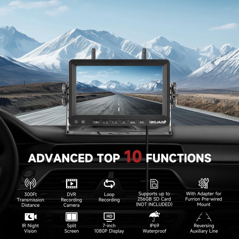BIGJADE Wireless Backup Camera - Rv Backup Camera with HD 7" Monitor - Dual Back Up Camera Systems for Truck - IP69 Waterproof Rv Camera with DVR, Night Vision for Rv, Truck, Trailer and Camper - Image 2