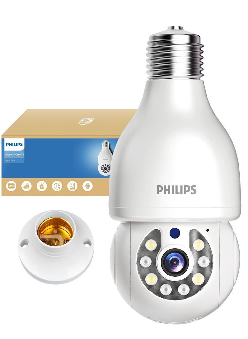 Philips 360° Smart Bulb Camera (with Mounting Base) – Easy Installation Indoor & Outdoor Security Camera, 2.4G Wifi,Full Color Night Vision, Smart Motion Alerts, Two-Way Audio, Cloud & TF Card Storage up to 128GB, AI Image Enhancement, 1080P Video Enhanced to 2K-Like Detail.home camera - Image 1
