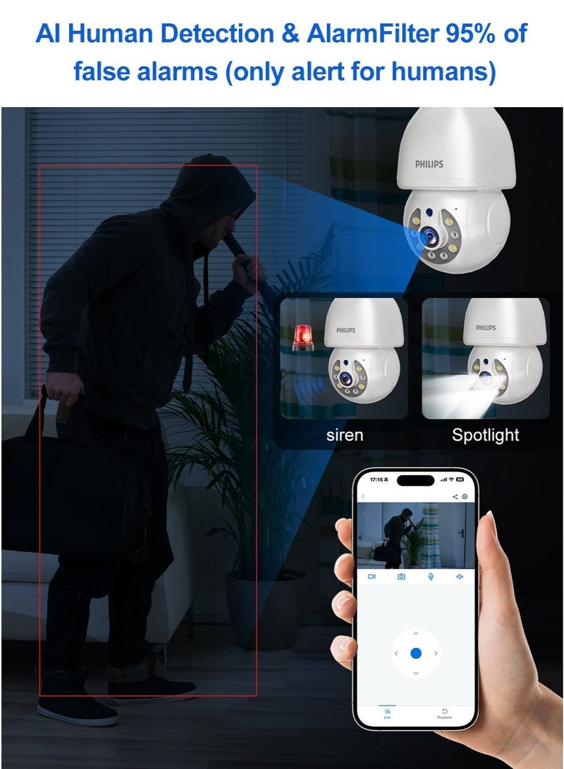 Philips 360° Smart Bulb Camera (with Mounting Base) – Easy Installation Indoor & Outdoor Security Camera, 2.4G Wifi,Full Color Night Vision, Smart Motion Alerts, Two-Way Audio, Cloud & TF Card Storage up to 128GB, AI Image Enhancement, 1080P Video Enhanced to 2K-Like Detail.home camera - Image 5