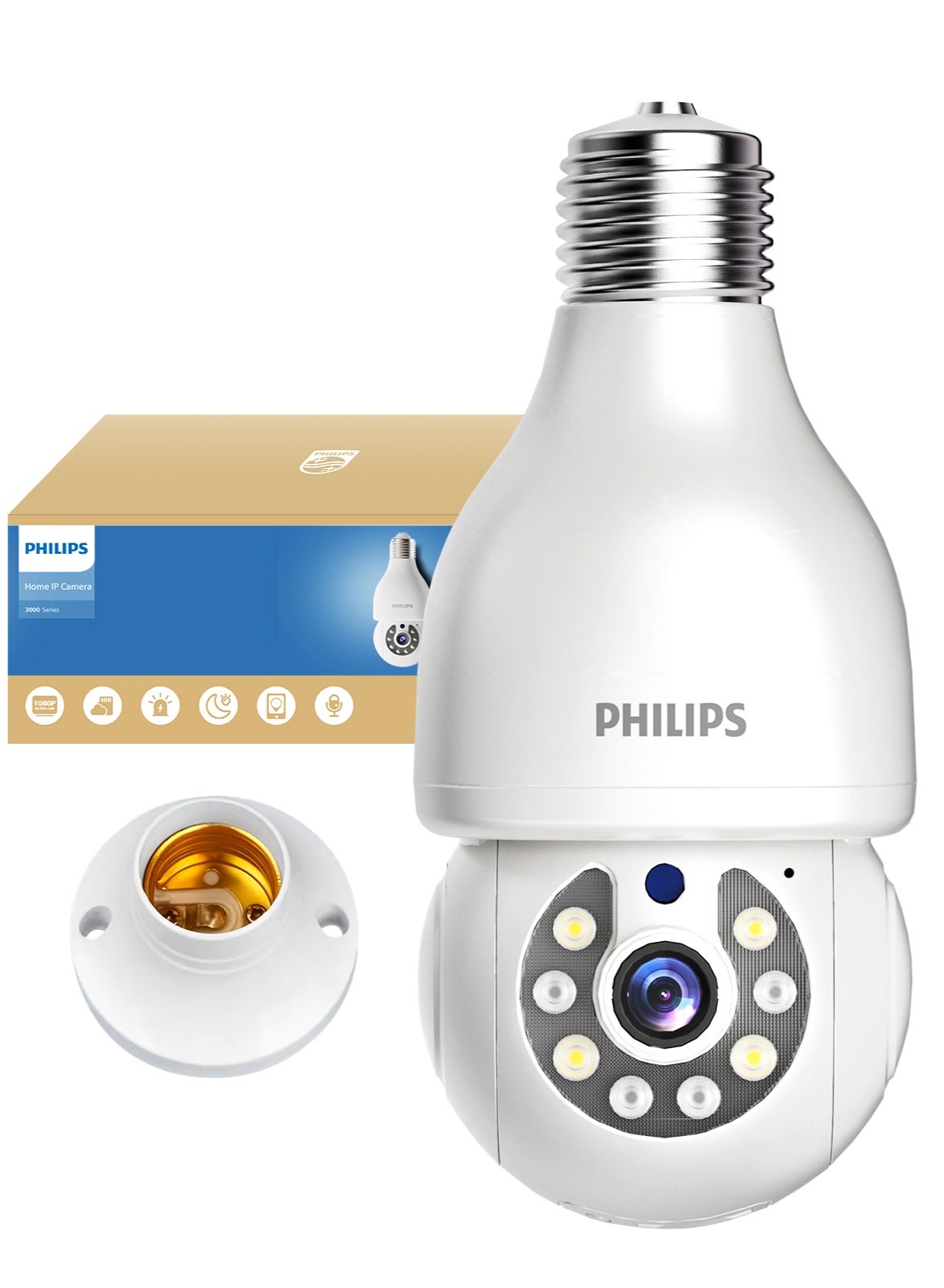 Philips 360° Smart Bulb Camera (with Mounting Base) – Easy Installation Indoor & Outdoor Security Camera, Full Color Night Vision, Smart Motion Alerts, Two-Way Audio, Cloud & TF Card Storage up to 128GB, AI Image Enhancement, 1080P Video Enhanced to 2K-Like Detail