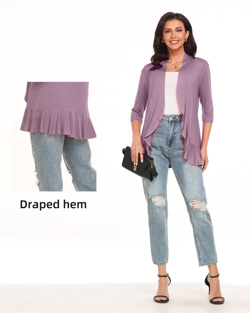 Argstar Plus Size Cardigan for Women, Casual Lightweight Open Front Soft Draped Ruffles 3/4 Sleeve Lavender XXXL - Image 5