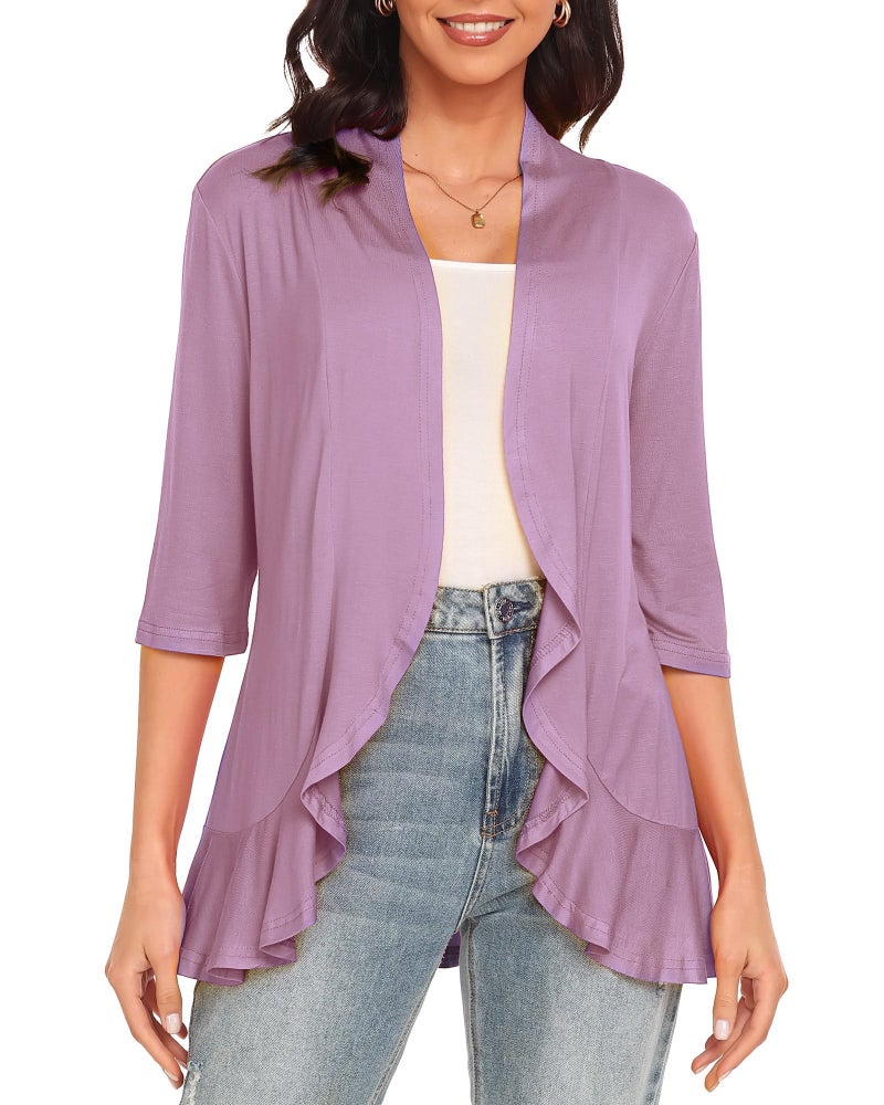 Argstar Plus Size Cardigan for Women, Casual Lightweight Open Front Soft Draped Ruffles 3/4 Sleeve Lavender XXXL - Image 1