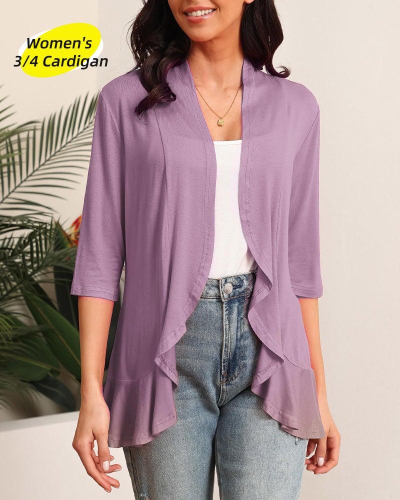 Argstar Plus Size Cardigan for Women, Casual Lightweight Open Front Soft Draped Ruffles 3/4 Sleeve Lavender XXXL - Image 2