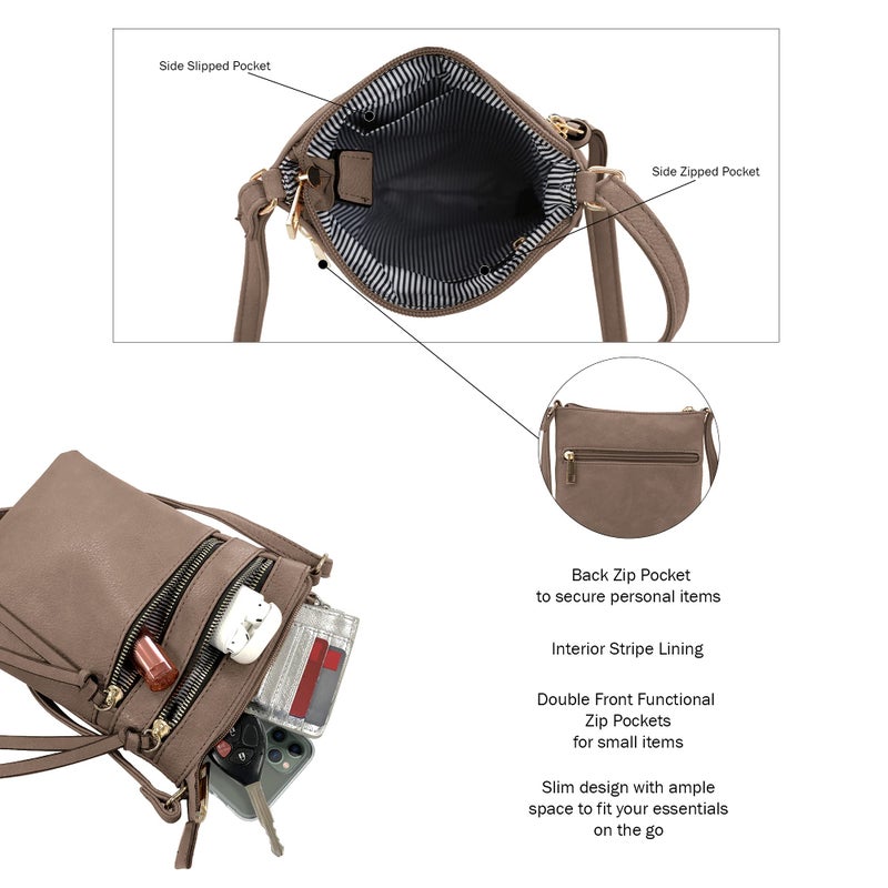 DELUXITY | Crossbody Purse Bag | Functional Multi Pocket Double Zipper Purse | Adjustable Strap | Medium Size Purse |Dark Taupe - Image 5