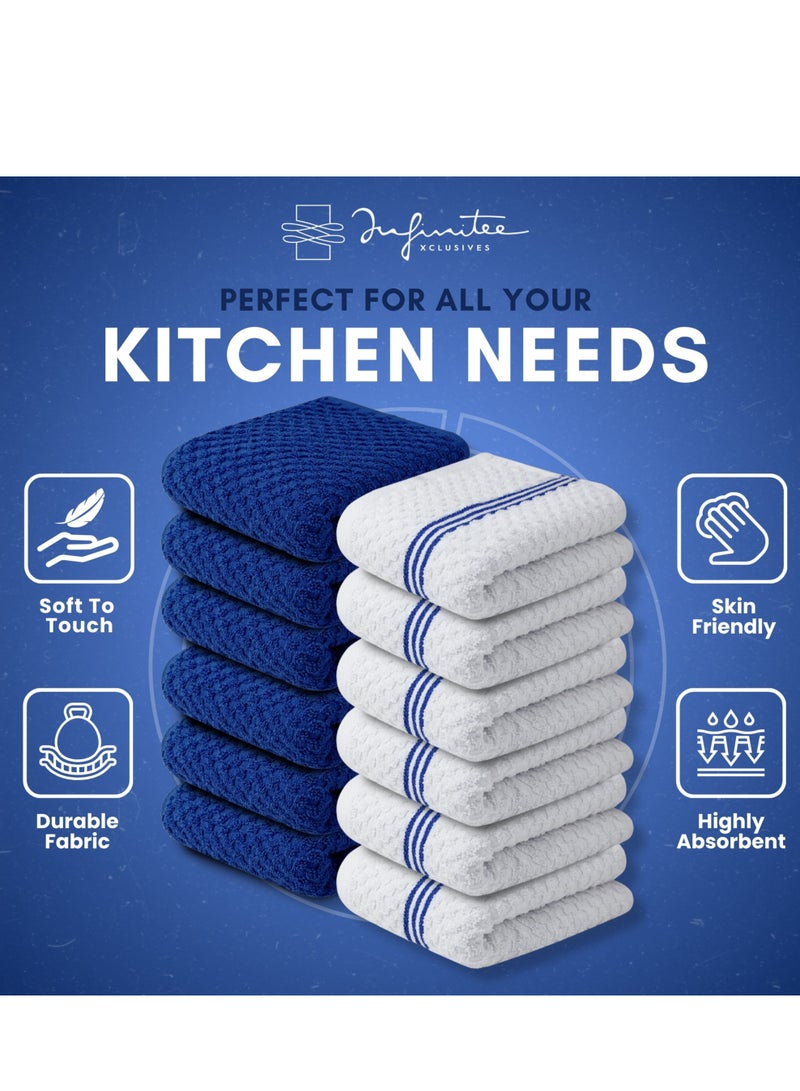 Infinitee Xclusives Premium Kitchen Towels – Pack of 12, 100% Cotton 40cm x 70cm Absorbent Dish Towels - 425 GSM Tea Towel, Terry Kitchen Dishcloth Towels- Blue Dish Cloth for Household Cleaning