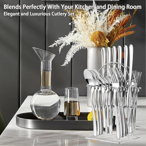 ARTEK 24 Pieces Flatware Set, Stainless Steel Cutlery Set with Silverware Holder, Modern Gold Silverware Set Includes Dinner Knives Forks Spoons,Hanging Silverware (Silver) - Image 5