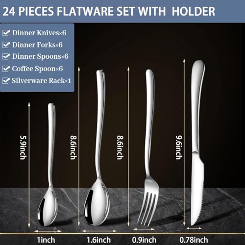 ARTEK 24 Pieces Flatware Set, Stainless Steel Cutlery Set with Silverware Holder, Modern Gold Silverware Set Includes Dinner Knives Forks Spoons,Hanging Silverware (Silver) - Image 3