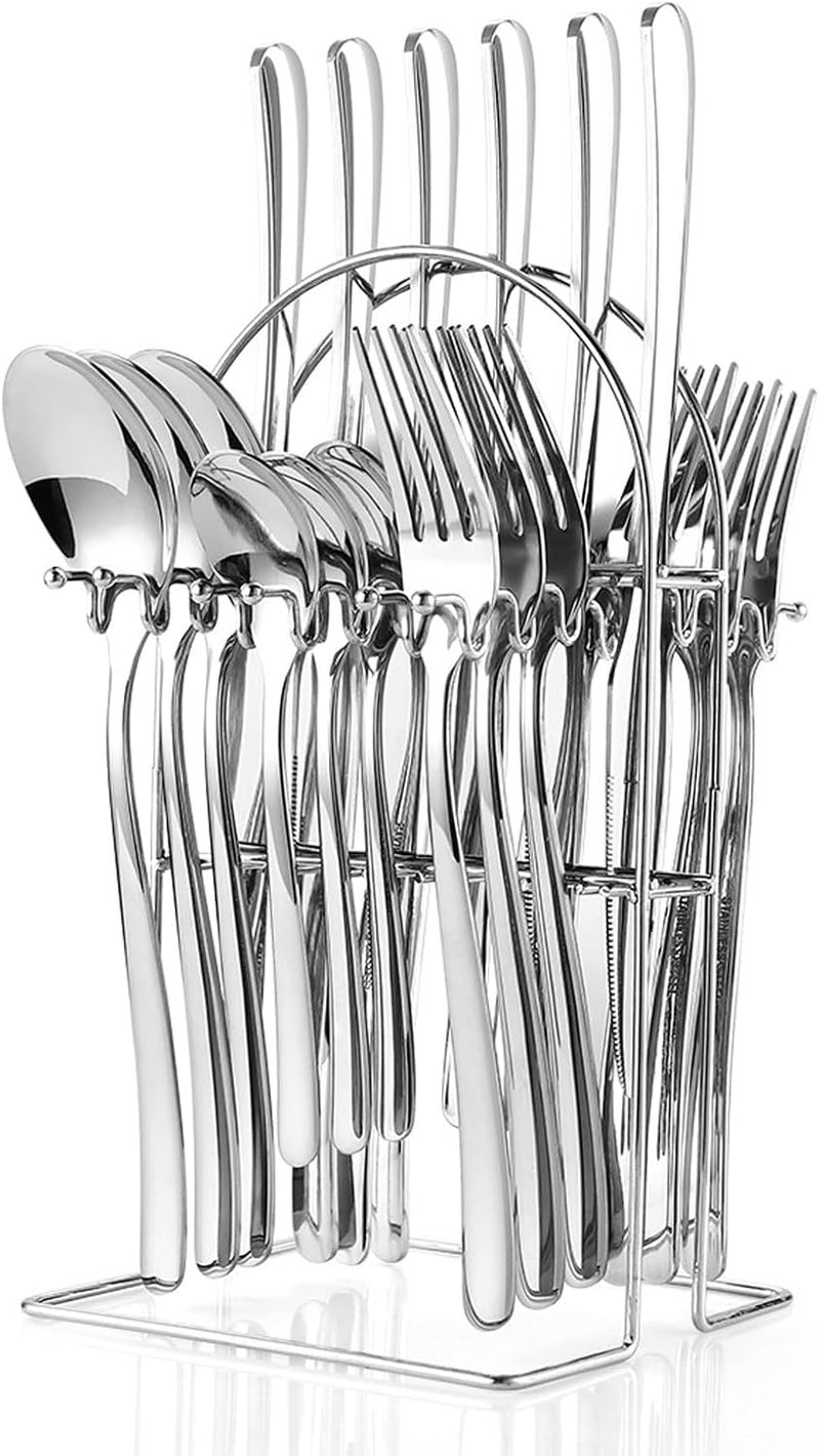 ARTEK 24 Pieces Flatware Set, Stainless Steel Cutlery Set with Silverware Holder, Modern Gold Silverware Set Includes Dinner Knives Forks Spoons,Hanging Silverware (Silver) - Image 1