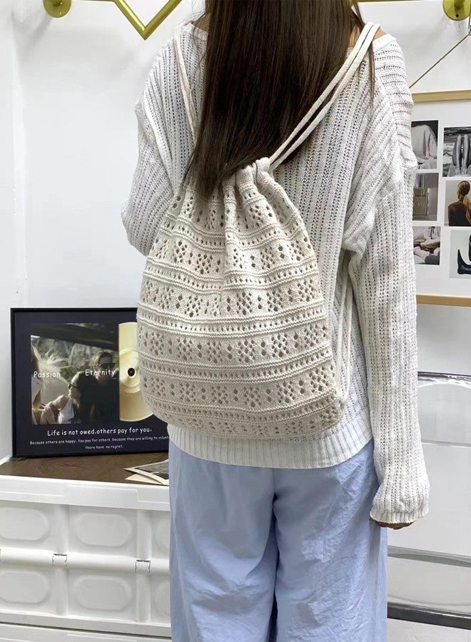 Lobagve Handmade Crochet Cotton Drawstring Backpack Boho Purse Leisure Daypack - Image 5