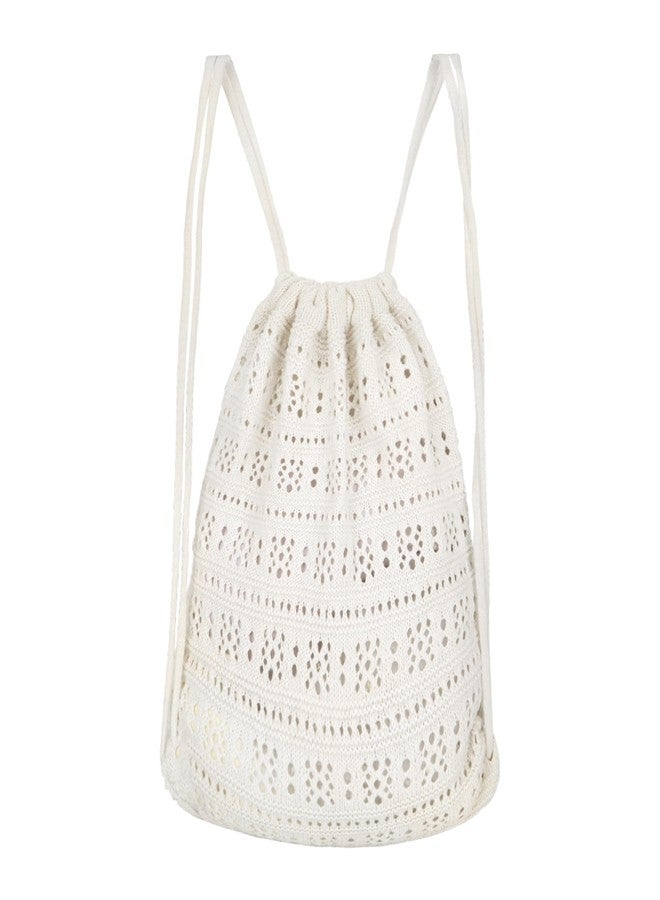 Lobagve Handmade Crochet Cotton Drawstring Backpack Boho Purse Leisure Daypack - Image 1