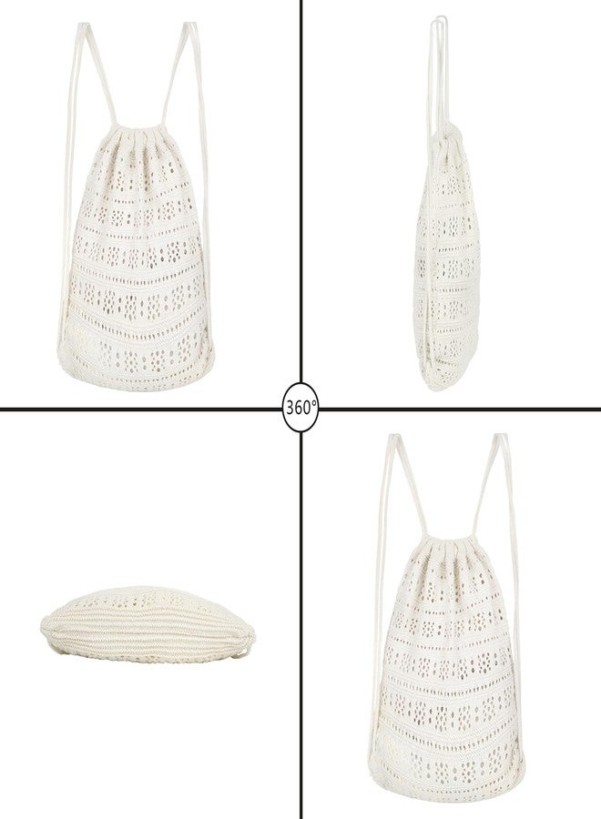 Lobagve Handmade Crochet Cotton Drawstring Backpack Boho Purse Leisure Daypack - Image 3