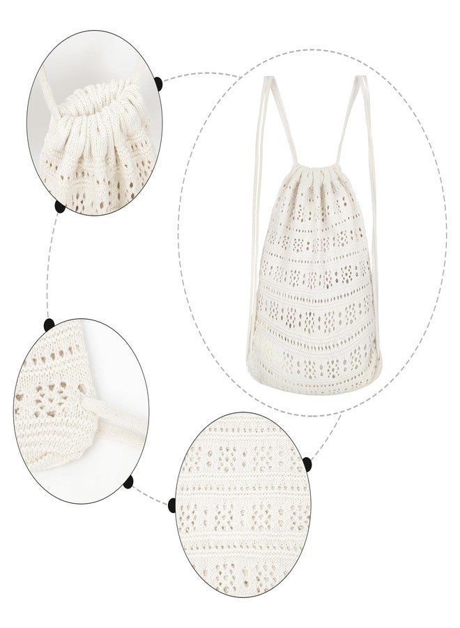 Lobagve Handmade Crochet Cotton Drawstring Backpack Boho Purse Leisure Daypack - Image 2