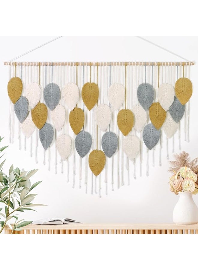 Antikiano Macrame feather Wall Hanging Boho Leaves Macrame Tapestry Wall Decor Handmade Green and beige (51.5" W x 33.5" L) - Image 1