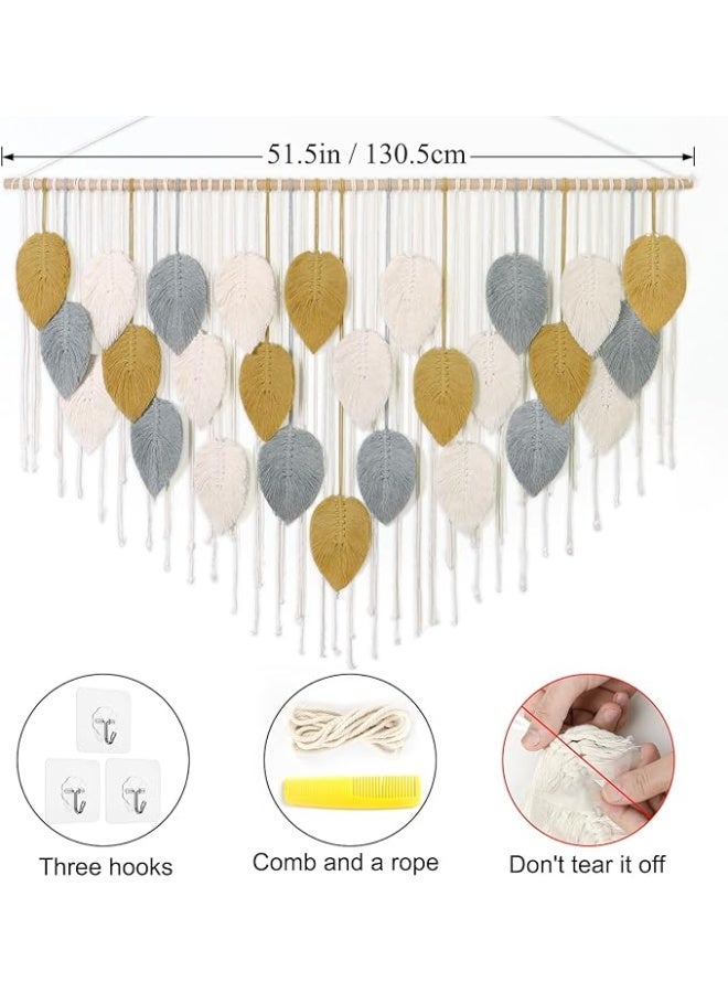 Antikiano Macrame feather Wall Hanging Boho Leaves Macrame Tapestry Wall Decor Handmade Green and beige (51.5" W x 33.5" L) - Image 2