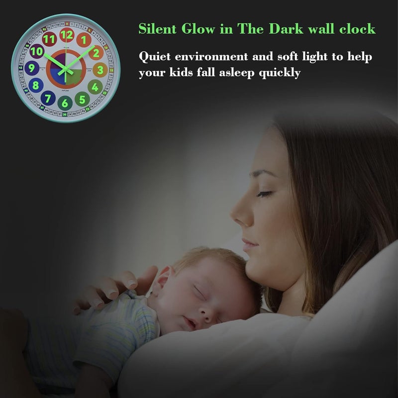 DORBOKER Learning Clock for Kids, Glow in The Dark Wall Clock for Bedroom, 12 Inch Silent Night Light Kids Wall Clock, Colorful Illuminated Telling Time Teaching Clock,Kids Room Decor (Illuminated Ice Blue) - Image 2