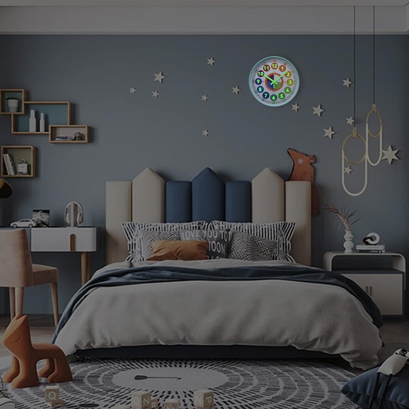 DORBOKER Learning Clock for Kids, Glow in The Dark Wall Clock for Bedroom, 12 Inch Silent Night Light Kids Wall Clock, Colorful Illuminated Telling Time Teaching Clock,Kids Room Decor (Illuminated Ice Blue) - Image 5