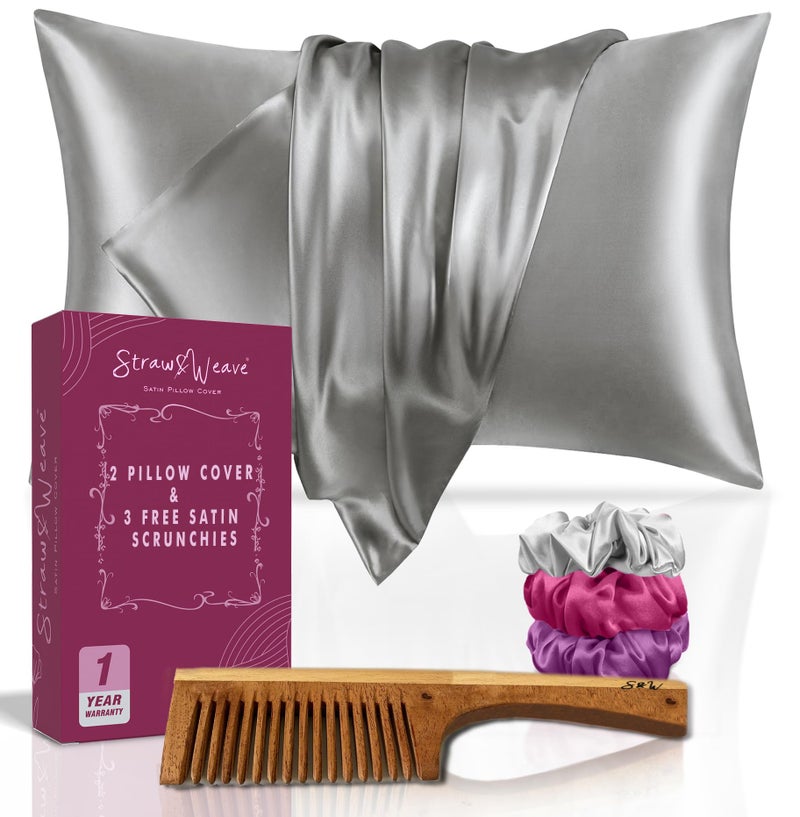 STRAW&WEAVE Satin Pillow Cover Wooden Comb & Satin Hair Accessories for Women |1 Year Warranty|with 2 Pillow Cover,3 Scrunchies&1 Kachi Neem Comb - Image 1