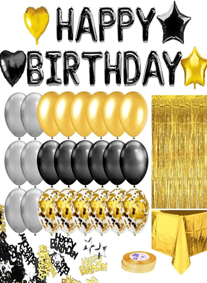 Beauenty Black Gold Birthday Party Decoration，Wedding Decorations，Black Happy Birthday Banner, Golden Fringe Curtain, Foil Tablecloth, Heart Star Confetti Balloons，Black Gold Balloons
