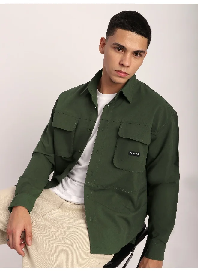 Beyoung Dark Green Baggy Pocketed Shirt