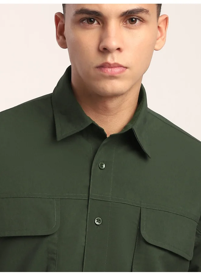 Beyoung Dark Green Baggy Pocketed Shirt