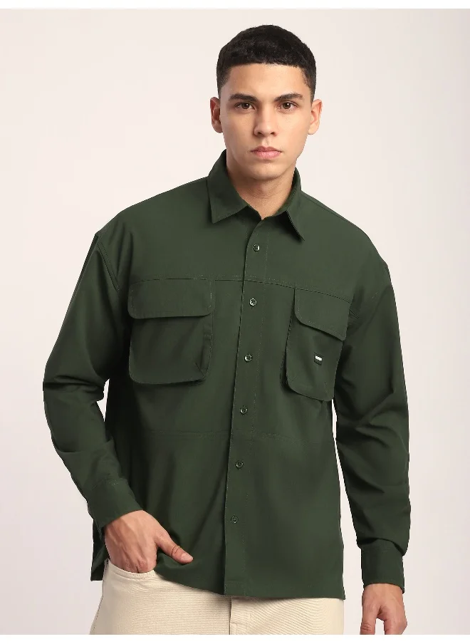 Beyoung Dark Green Baggy Pocketed Shirt