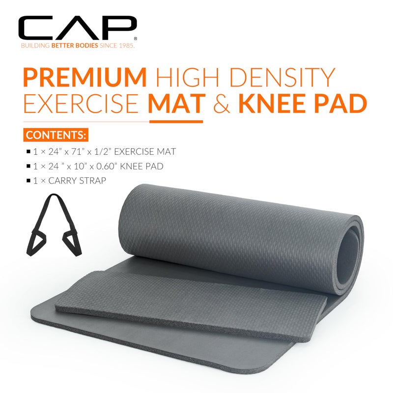 CAP Barbell Yoga Mat 1/2" Thick with Carrying Strap & Knee Pad - High Density Exercise Mat for Yoga, Pilates, Stretching, Floor & Fitness Workouts - 71''x24''x1/2" | Gray - Image 2
