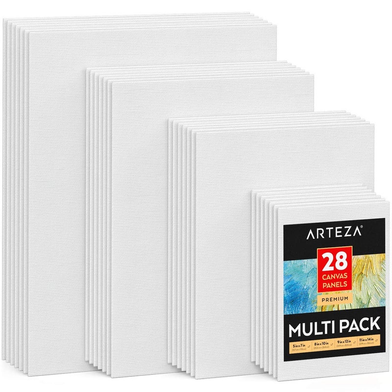 ARTEZA Premium Canvas Boards for Painting, 5 x 7, 8 x 10, 9 x 12, 11 x 14 Inches, Multipack of 28, White Canvas for Acrylic, Oil and Gouache Painting - Image 1