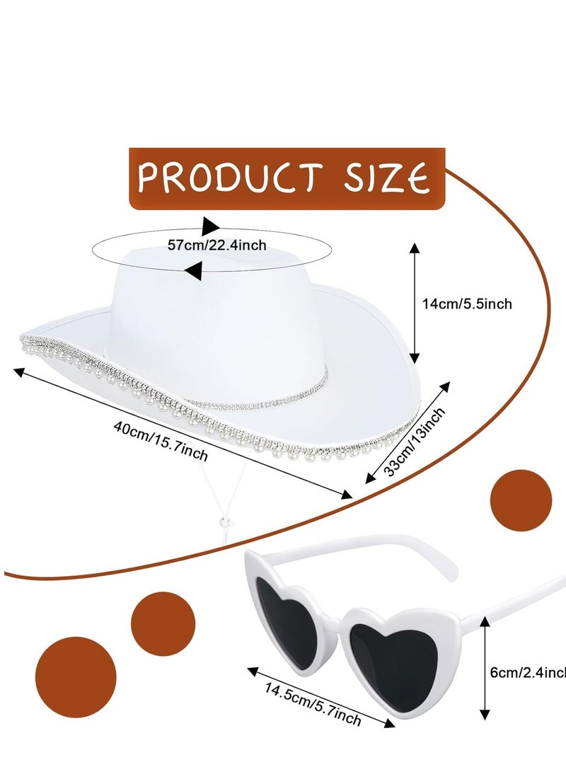 Zikra Western Cowgirl Hat Rhinestone Pearl Cowboy for Women with Heart-Shaped Sunglasses White Bride Bachelorette Party Costumes - Image 5