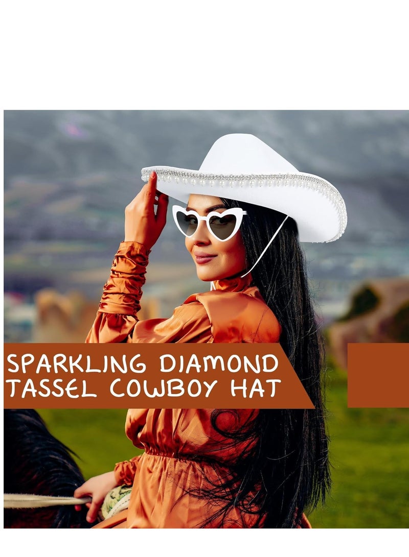 Zikra Western Cowgirl Hat Rhinestone Pearl Cowboy for Women with Heart-Shaped Sunglasses White Bride Bachelorette Party Costumes - Image 3