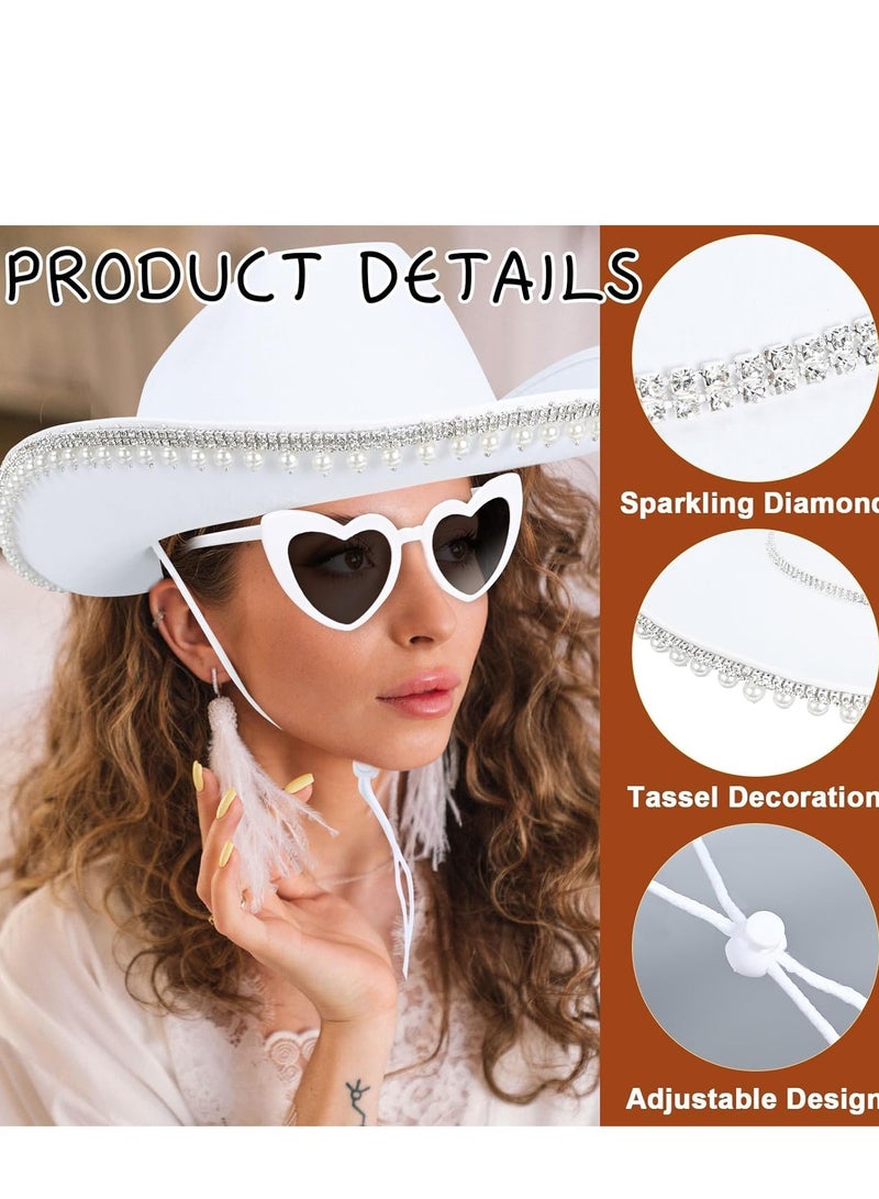 Zikra Western Cowgirl Hat Rhinestone Pearl Cowboy for Women with Heart-Shaped Sunglasses White Bride Bachelorette Party Costumes - Image 2