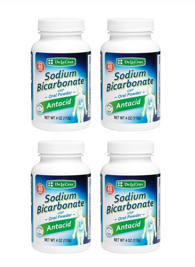 De La Cruz - Pure Sodium Bicarbonate - USP Grade Bicarbonate of Soda – 100% Pure Baking Soda – Aluminum Free Antacid Powder for Heartburn & Indigestion - Packed in USA, 4 OZ. (4 Bottles) - Image 1