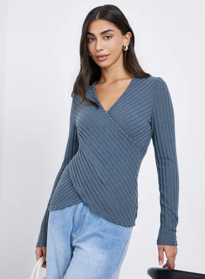 Styli Styli Ribbed V Neck Wrap Look Top
