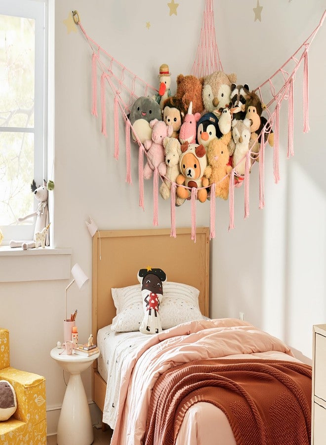 mirolam Stuffed Animal Storage Hammock Corner Net - Pink Room Christmas Decor for Teen Girls - Toys Storage Hanging Stuff Animal Organizer Holder Cute Stuff - Boho Nursery Dorm Bedoom Decor Aesthetic - Image 4