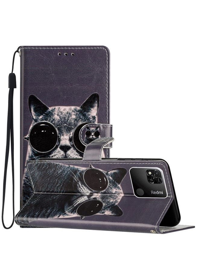 HuHa Case Cover For Xiaomi Redmi 9C Colored Drawing Leather Phone Case Sunglasses Cat 
