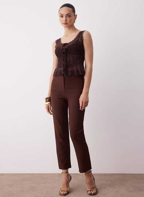 Brown Straight Woven Finike Stylish/Night Pants