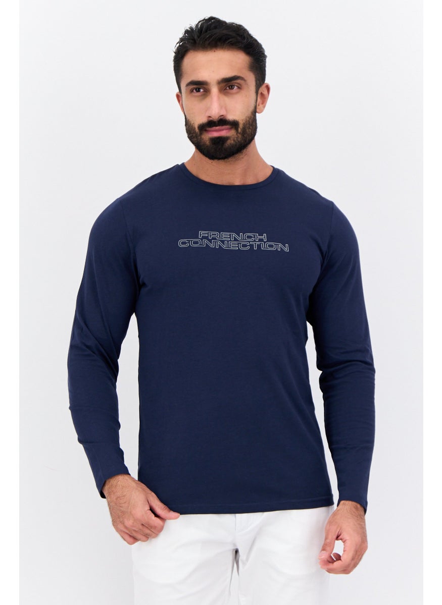 French Connection - Men Crew Neck Long Sleeve Brand Logo T Shirt, Navy - Image 1
