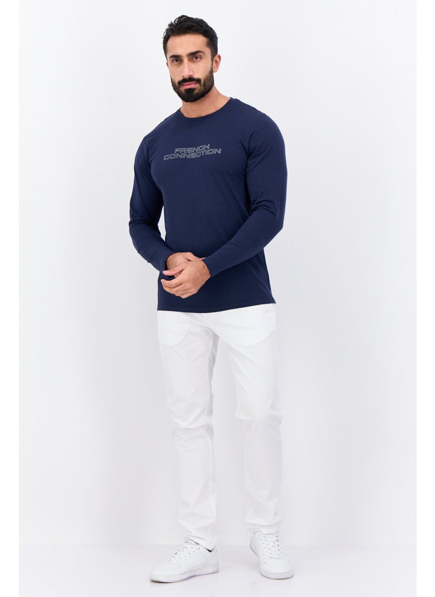 French Connection - Men Crew Neck Long Sleeve Brand Logo T Shirt, Navy - Image 1