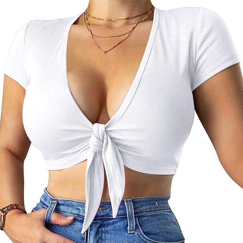 LCNBA Deep v Neck Short Sleeve Crop Top,Bandage Cross Wrap Tie Up Crop Tops White - Image 1