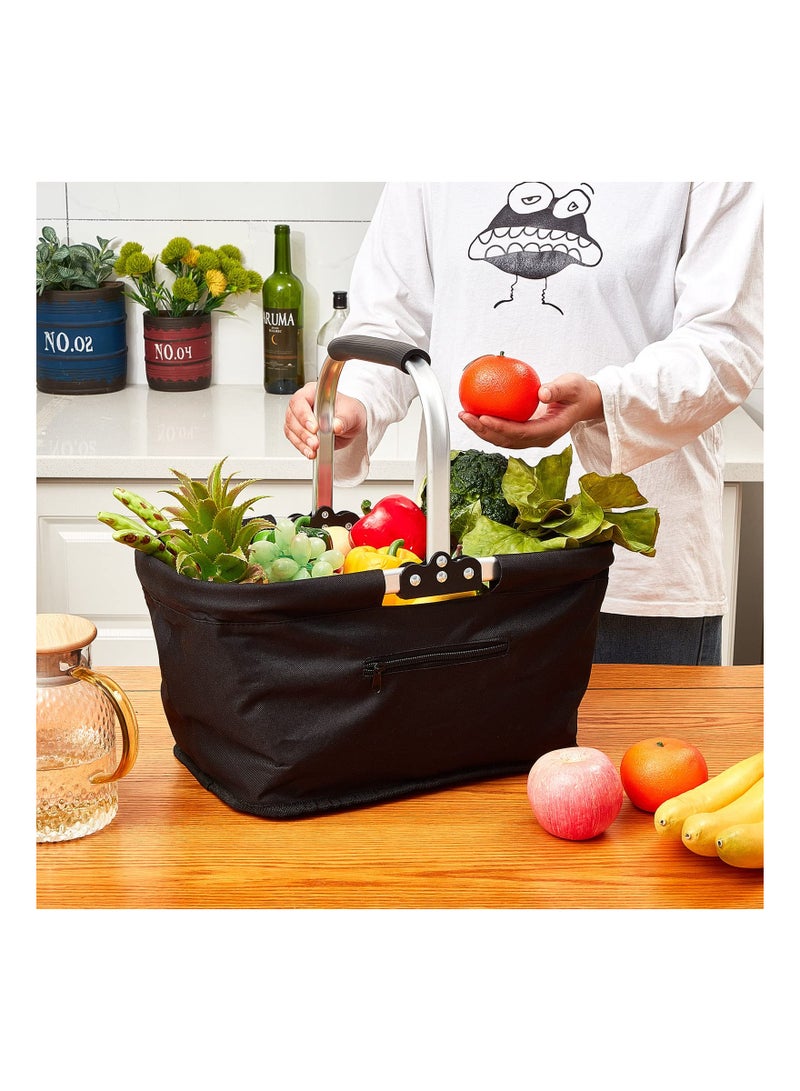 KASTWAVE Folding Large Picnic Basket Shopping Basket, Portable Market Basket with Handle, Fruit Vegetable Gathering Basket, Reusable Collapsible Basket Grocery Bag Storage Organizer Basket, Black - Image 2