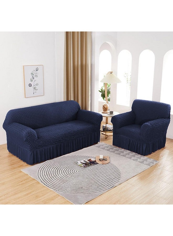 Lukzer 320 GSM Stretchable 2 Seater Turkish Sofa Cover Universal Couch Protector Bubble Fabric with Frill Universal Big Elasticity Slipcover (Navy Blue/SC-102-02/130-160cm) - Image 5